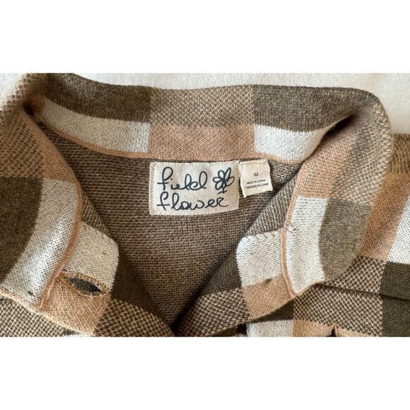 Field Flower Anthropologie Sweater Coatigan Wool Cardigan Brown Plaid Check M - Picture 6 of 11